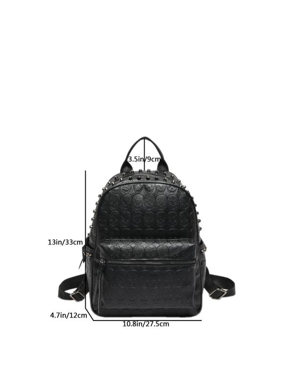 Fashionable Rivet Decor Skull Embossed Pu Leather Backpack, Casual Versatile Zipper Backpack, Simple All-match Backpack for Daily Life