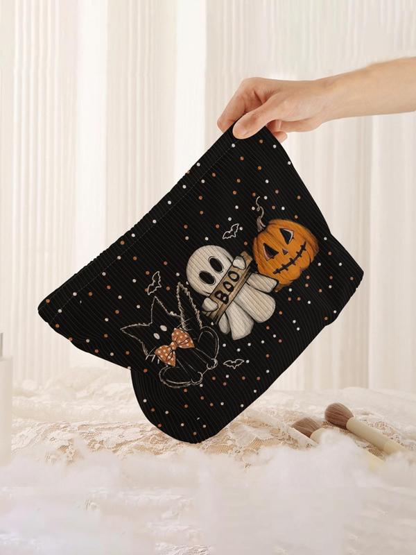 Cat & Ghost & Pumpkin Pattern Makeup Bag, Casual Fashion Multi-functional Storage Bag, Travel Makeup Bag, Suitable for Women & All Kinds Of Occasions As Halloween Gift