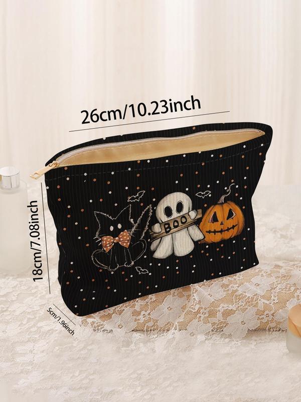 Cat & Ghost & Pumpkin Pattern Makeup Bag, Casual Fashion Multi-functional Storage Bag, Travel Makeup Bag, Suitable for Women & All Kinds Of Occasions As Halloween Gift