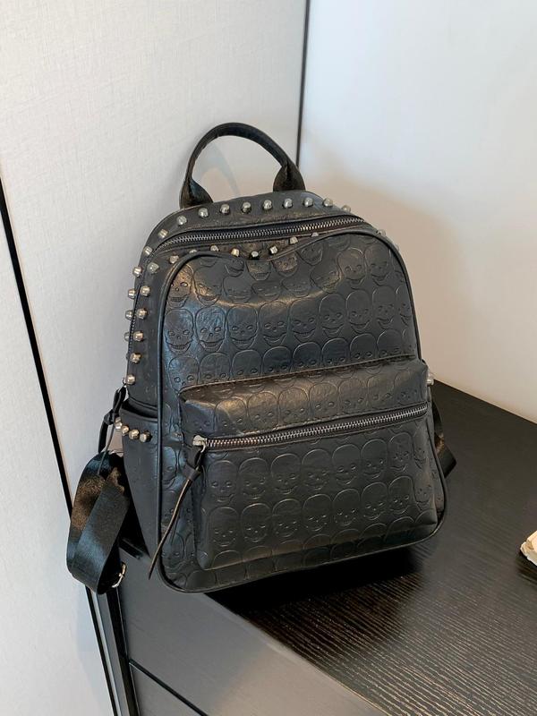 Fashionable Rivet Decor Skull Embossed Pu Leather Backpack, Casual Versatile Zipper Backpack, Simple All-match Backpack for Daily Life