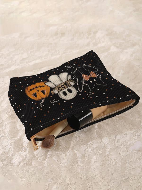 Cat & Ghost & Pumpkin Pattern Makeup Bag, Casual Fashion Multi-functional Storage Bag, Travel Makeup Bag, Suitable for Women & All Kinds Of Occasions As Halloween Gift