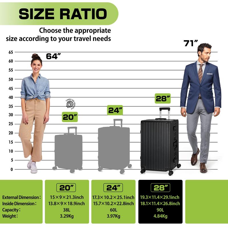 Carry On Luggage Aluminium Frame, PC ABS Hard Shell, Suitcases with Wheels, TSA Lock, No Zipper