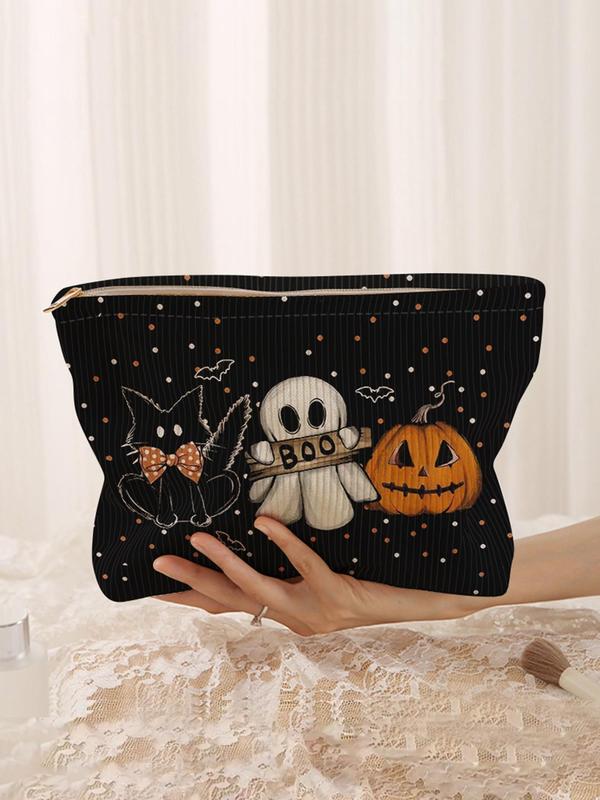 Cat & Ghost & Pumpkin Pattern Makeup Bag, Casual Fashion Multi-functional Storage Bag, Travel Makeup Bag, Suitable for Women & All Kinds Of Occasions As Halloween Gift