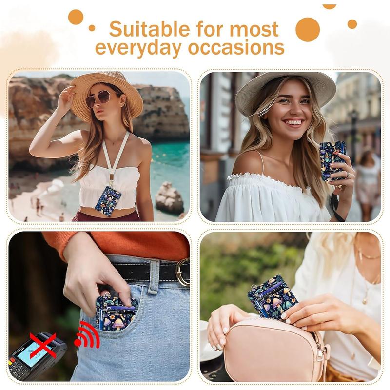 Mushroom Credit Card Holder Slim Wallet, RFID Wallet Women Front Pocket Small Card Holder, Travel Funny Cute Thin Card Case with ID Window Leather RFID Blocking Card Organizer Gifts Girls