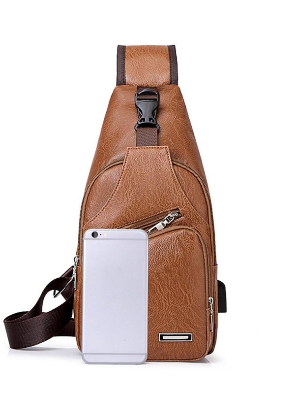 Men's Solid Color Chest Bag with USB Charger, Casual Sling Backpack For Travel With Zipper, Trendy Boys Bag