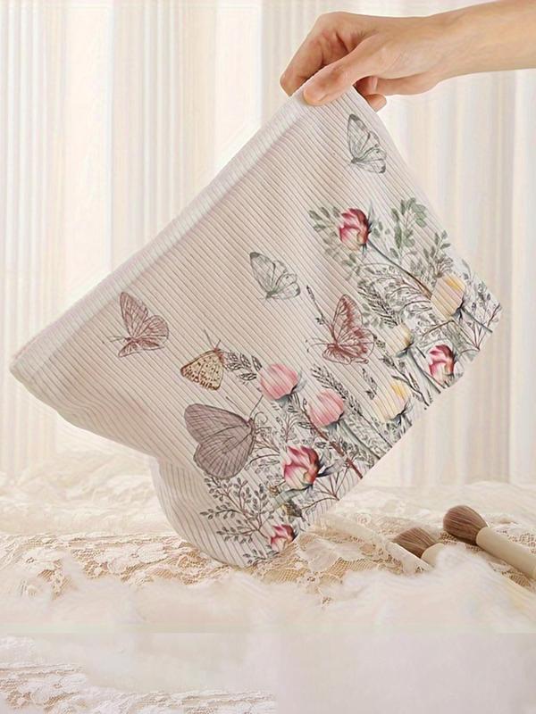 Butterfly & Floral Pattern Corduroy Cosmetic Bag, Lightweight Multi-functional Fashion Leisure Cosmetic Bag, Travel Cosmetic Bag, Suitable for Leisure Travel