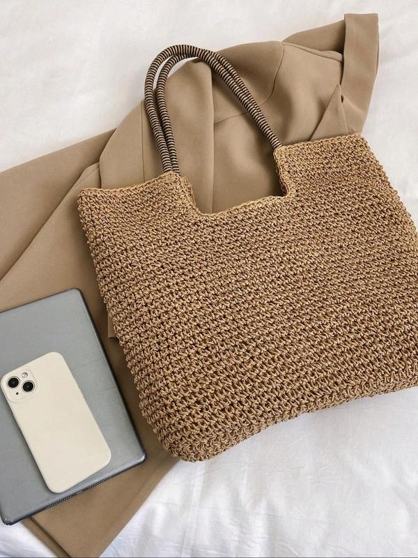 Women's Boho Style Solid Color Tote Bag, Summer 2024 Large Capacity Straw Shoulder Bag, Casual Trendy Versatile Shoulder Bag for Summer Beach Vacation