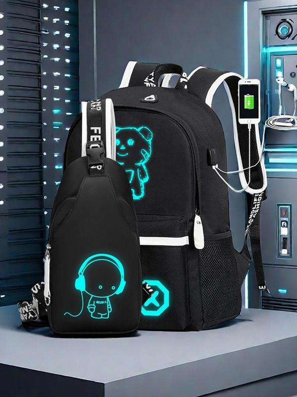 Men's Fashionable Cartoon Pattern Backpack & Chest Bag Set, Lightweight Large Capacity Backpack & Sling Bag, Casual Trendy Versatile High-quality Daily Commuting Bag Set Travel Backpack