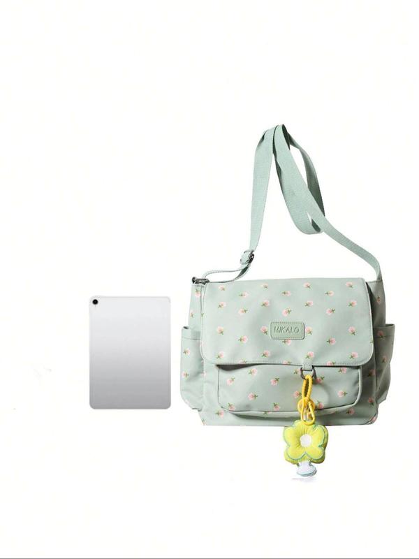 Women's Ditsy Floral Print Shoulder Bag with Random Cute Pendant, Fashionable Crossbody Bag, Side Pockets Messenger Bag for Women, Casual Trendy Versatile High-quality Daily Commuting Bag