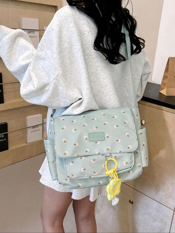 Women's Ditsy Floral Print Shoulder Bag with Random Cute Pendant, Fashionable Crossbody Bag, Side Pockets Messenger Bag for Women, Casual Trendy Versatile High-quality Daily Commuting Bag