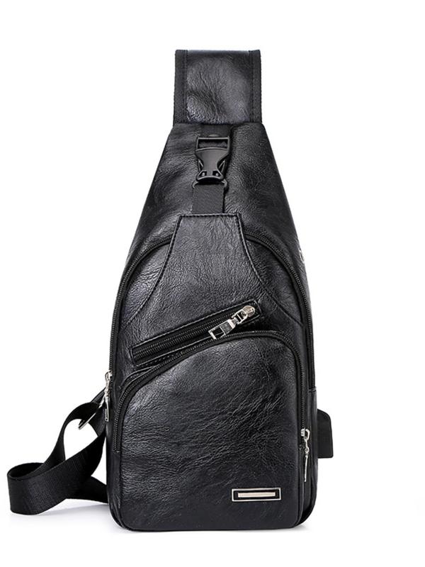 Men's Solid Color Chest Bag with USB Charger, Casual Sling Backpack For Travel With Zipper, Trendy Boys Bag