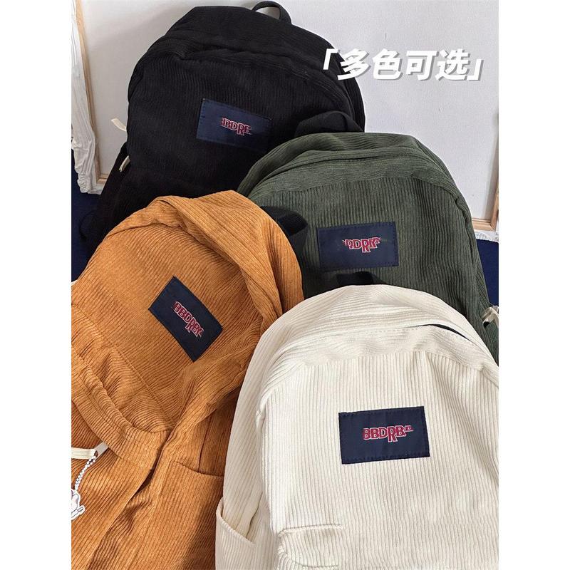 Harajuku Pure Color Corduroy Backpack Women's Retro Simple All-Match Schoolbag Men's Large Capacity Student Back