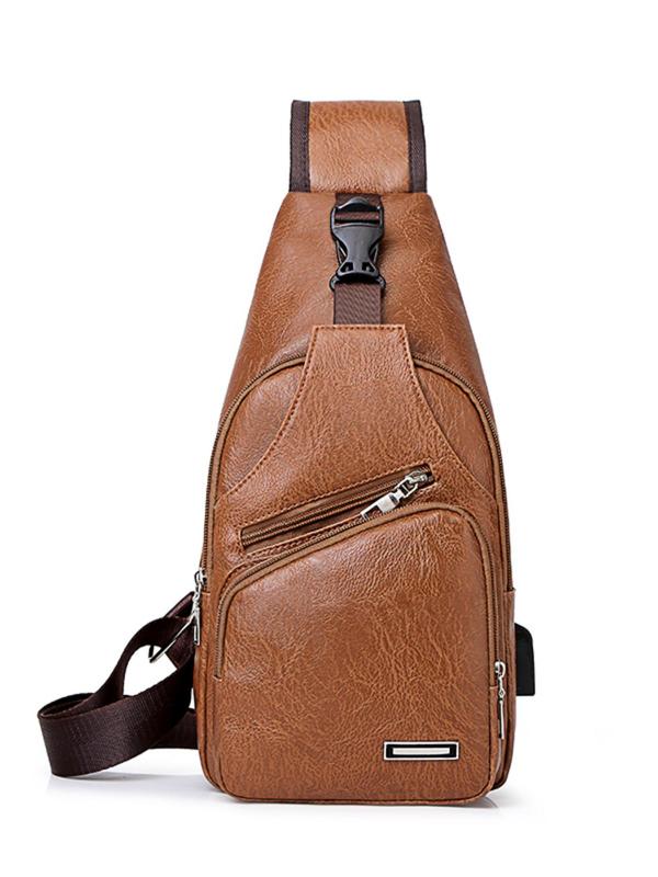 Men's Solid Color Chest Bag with USB Charger, Casual Sling Backpack For Travel With Zipper, Trendy Boys Bag