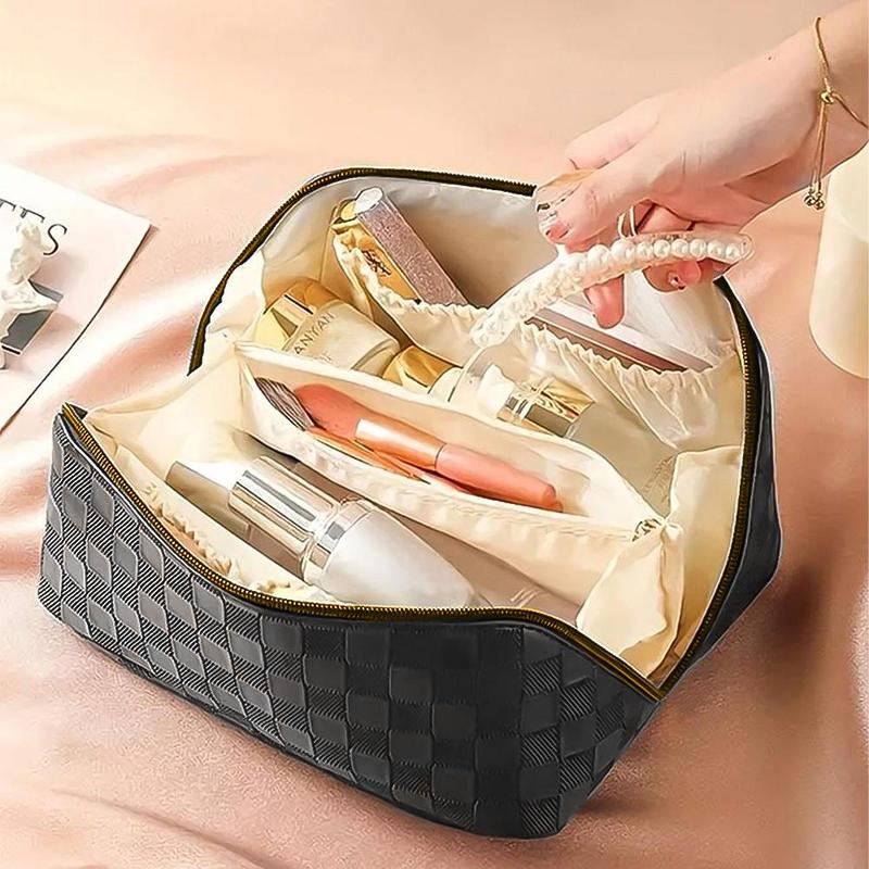 Large Capacity Chessboard Cosmetic Bag, Portable Toiletry Bag with Separator & Handle, Waterproof Cosmetic Bag, Makeup Brush Lipstick Storage Bag