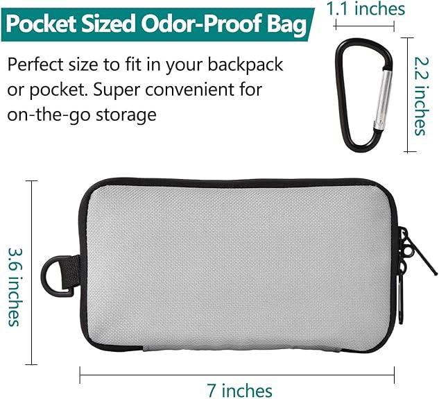 SafeDelux 7 x 3.6-inch pocket bag activated carbon, durable, water-resistant fabric, silicone-coated dual zippers. Ideal for outdoor use on waist or bike. booklet zipper, nylon straps inside for small accessories. Contemporary multicolor, odor-proof.