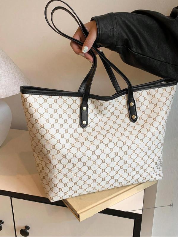 Women's Fashion All Over Print Zipper Tote Bag, Casual Large Capacity Shoulder Bag for Commute & Travel, Trendy Versatile High-quality Daily Commuting Bag