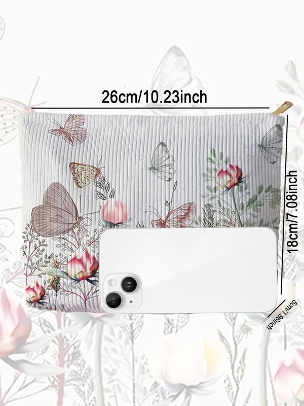 Butterfly & Floral Pattern Corduroy Cosmetic Bag, Lightweight Multi-functional Fashion Leisure Cosmetic Bag, Travel Cosmetic Bag, Suitable for Leisure Travel