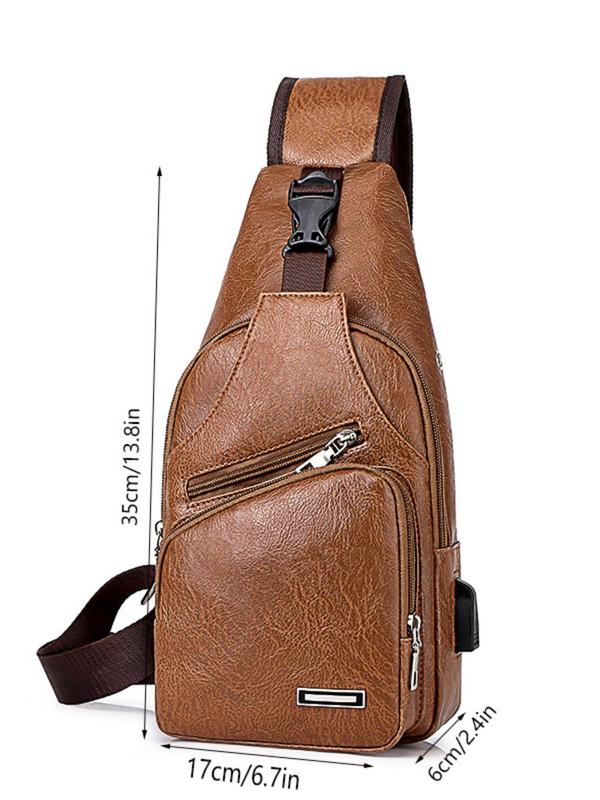 Men's Solid Color Chest Bag with USB Charger, Casual Sling Backpack For Travel With Zipper, Trendy Boys Bag