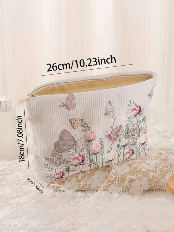 Butterfly & Floral Pattern Corduroy Cosmetic Bag, Lightweight Multi-functional Fashion Leisure Cosmetic Bag, Travel Cosmetic Bag, Suitable for Leisure Travel