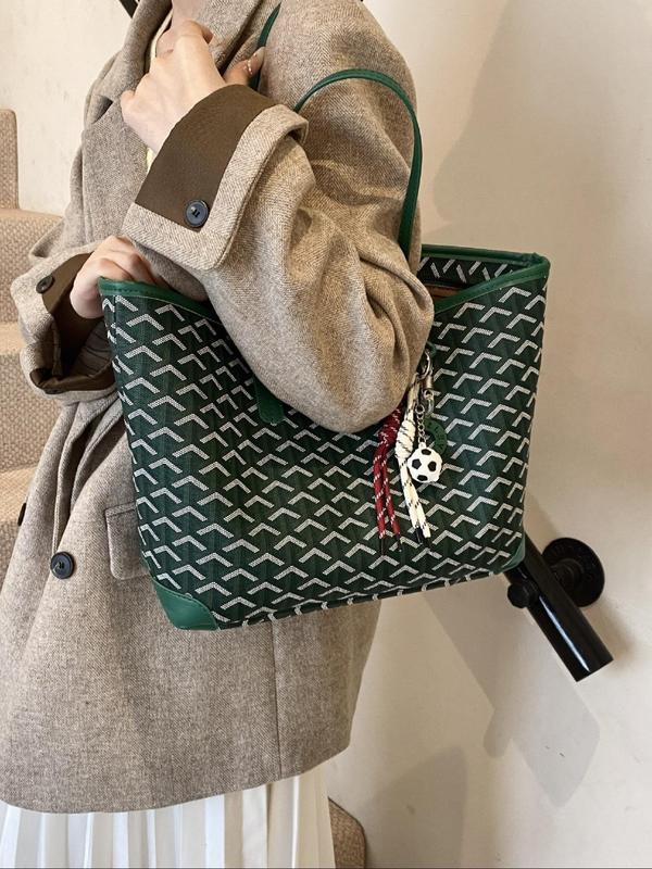 Women's Fashionable Geometric Pattern Tote Bag with Charm, Casual Large Capacity Shoulder Bag for Daily Used, Trendy All-match Bag for Commute, Work, Travel