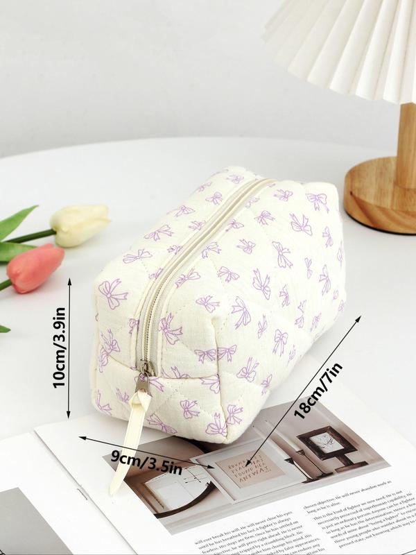 Cute Bowknot Pattern Makeup Bag, Quilted Design Cosmetic Bag with Zipper, Makeup Organizer Storage Bag, Travel Storage Bag for Women & Girls