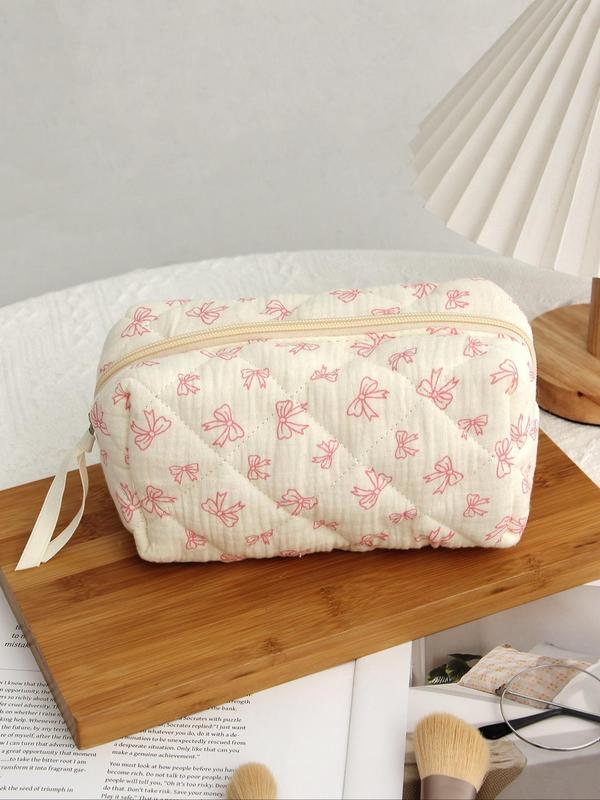 Cute Bowknot Pattern Makeup Bag, Quilted Design Cosmetic Bag with Zipper, Makeup Organizer Storage Bag, Travel Storage Bag for Women & Girls