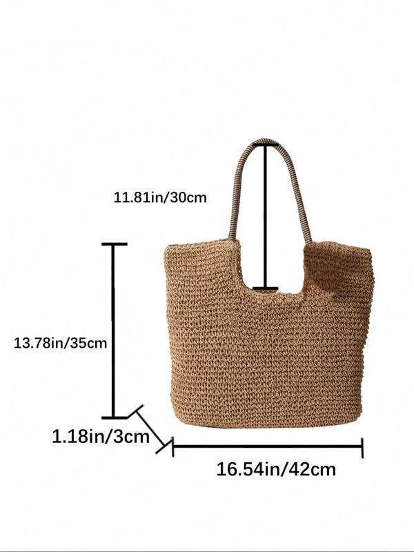 Women's Boho Style Solid Color Tote Bag, Summer 2024 Large Capacity Straw Shoulder Bag, Casual Trendy Versatile Shoulder Bag for Summer Beach Vacation