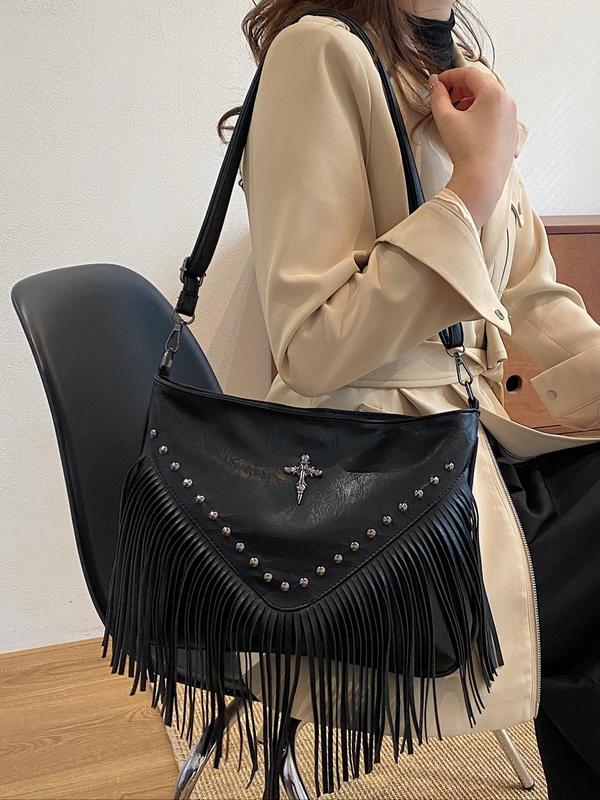 Women's Street Style Cross & Studded Design Crossbody Bag, Trendy Tassel Decor Large Capacity Shoulder Bag, Fashionable Crossbody Bag for Daily Use