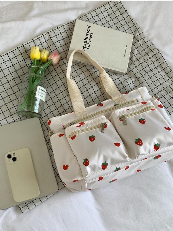 Women's Cute Strawberry Pattern Tote Bag, Large Capacity Shoulder Bag for Daily Used, Casual Trendy Versatile High-quality Daily Commuting Bag, Girl Fashionable Shopping Bag