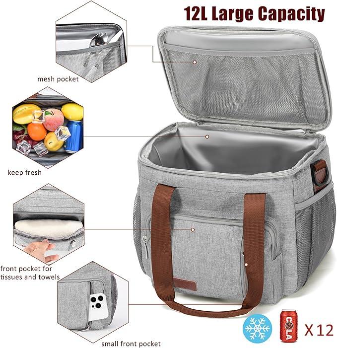 Large Insulated Lunch Box for Women and Men - Leakproof Soft Cooler Tote Bag, Main Zipper Compartment, Suitable For Offices And Travel (12L)