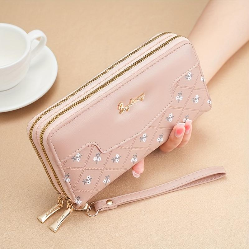 1pc, Embroidery Multi-Functional Women's Wallet with Wristband, Casual Style, Pu Material, Double Zipper, Thickened Design, Multi-One Card Slot, Mobile Phone Bag