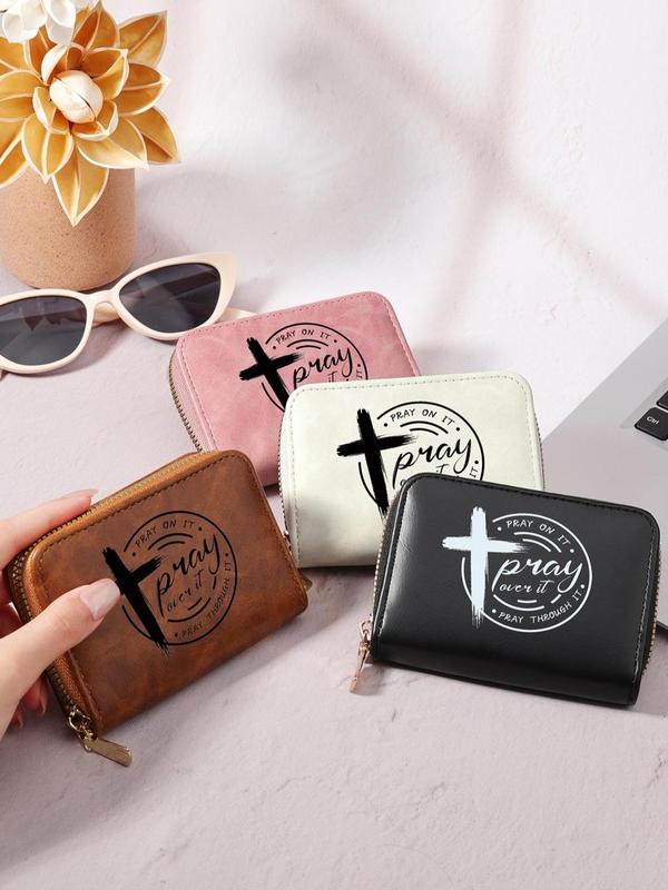 Women's Letter & Cross Print Pattern Short Wallet, Casual Versatile Zipper Around Clutch Purse, Lightweight Crocodile Embossed Card Holder