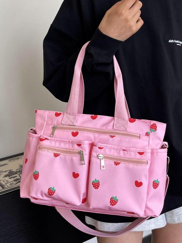 Women's Cute Strawberry Pattern Tote Bag, Large Capacity Shoulder Bag for Daily Used, Casual Trendy Versatile High-quality Daily Commuting Bag, Girl Fashionable Shopping Bag