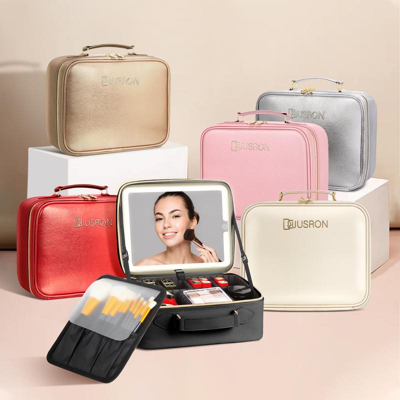 Christmas Gifts JUSRON Makeup Bag with Mirror and Light Travel Cosmetic Bag Makeup Gifts with 3 different Lights and Adjustable Brightness and Dividers