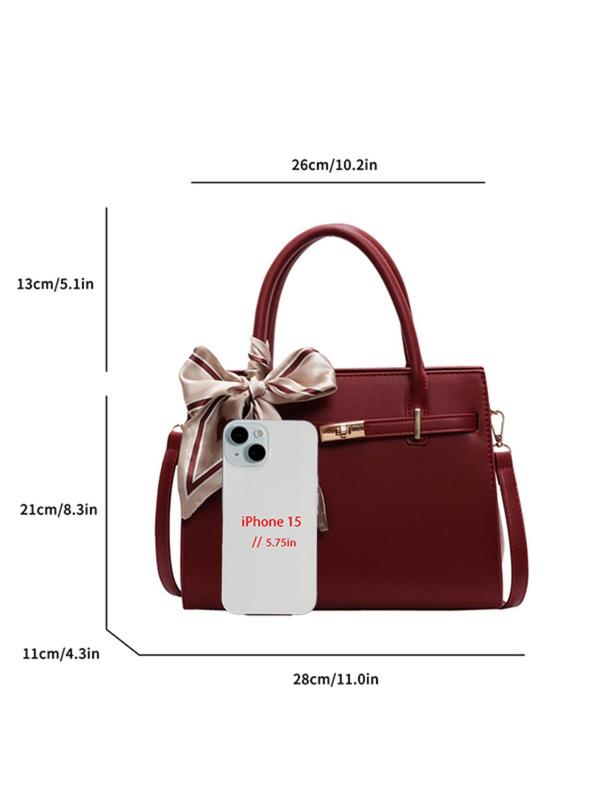 Women's Elegant Bowknot Decorated Handbag, Fashionable Solid Color PU Leather Satchel with Scarf, Casual Trendy Versatile High-quality Daily Commuting Bag