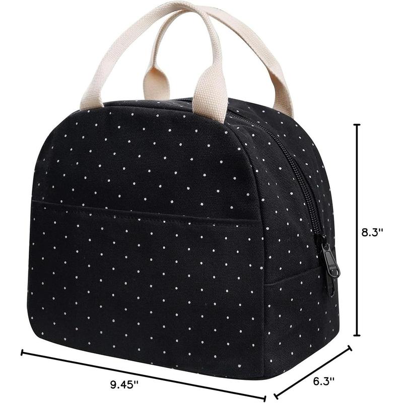 Upgraded Compact Black Lunch Bag for Teen Girls Women,Canvas Reusable Polka Dot Lunch Tote Box Bag for Work School