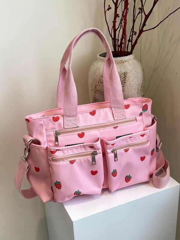 Women's Cute Strawberry Pattern Tote Bag, Large Capacity Shoulder Bag for Daily Used, Casual Trendy Versatile High-quality Daily Commuting Bag, Girl Fashionable Shopping Bag