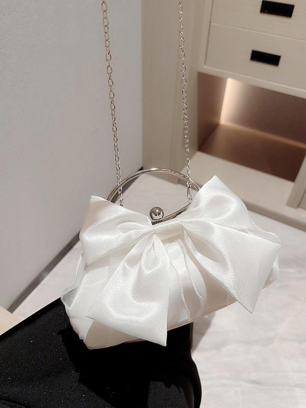 Summer Elegant Solid Color Bow Design Top Handle Bag with Chain Strap, Women's Evening Bag for Party Wedding