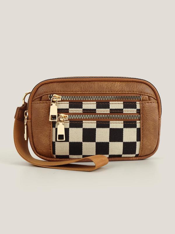 Women's Solid Color & Checkerboard Pattern Zipper Wristlet, Fashionable Pu Leather Wristlet for Daily Used, Casual Versatile Mini Coin Purse for Women & Men