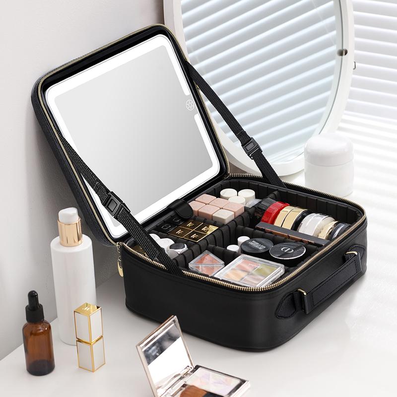 Christmas Gifts JUSRON Makeup Bag with Mirror and Light Travel Cosmetic Bag Makeup Gifts with 3 different Lights and Adjustable Brightness and Dividers