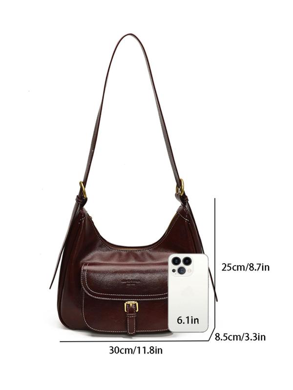 Women's Solid Color Belted Design Hobo Bag, Fashionable PU Leather Shoulder Bag for Daily Used, Casual Trendy Versatile High-quality Daily Commuting Bag