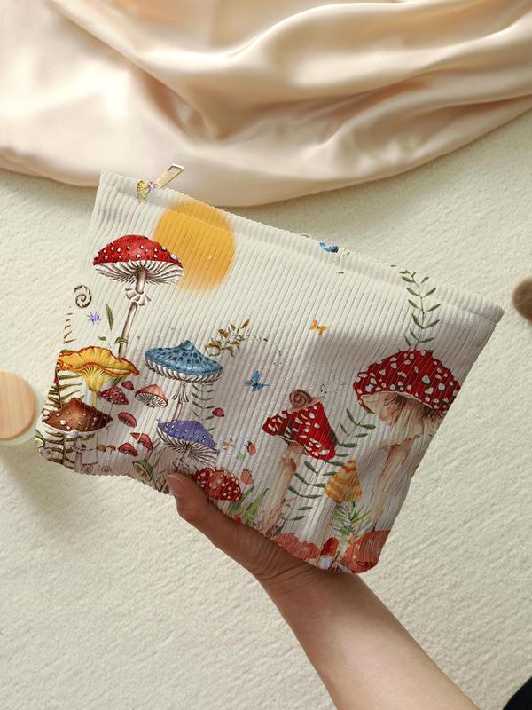 Cute Mushroom & Butterfly Pattern Makeup Bag, Multifunctional Large Capacity Cosmetic Storage Bag, Zipper Corduroy Makeup Bag for Travel & Daily Use, Fall Outfits, Fall Freshness