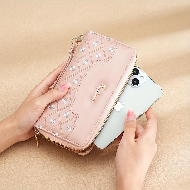 1pc, Embroidery Multi-Functional Women's Wallet with Wristband, Casual Style, Pu Material, Double Zipper, Thickened Design, Multi-One Card Slot, Mobile Phone Bag