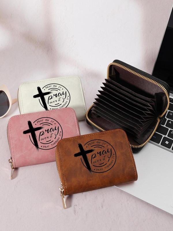 Women's Letter & Cross Print Pattern Short Wallet, Casual Versatile Zipper Around Clutch Purse, Lightweight Crocodile Embossed Card Holder