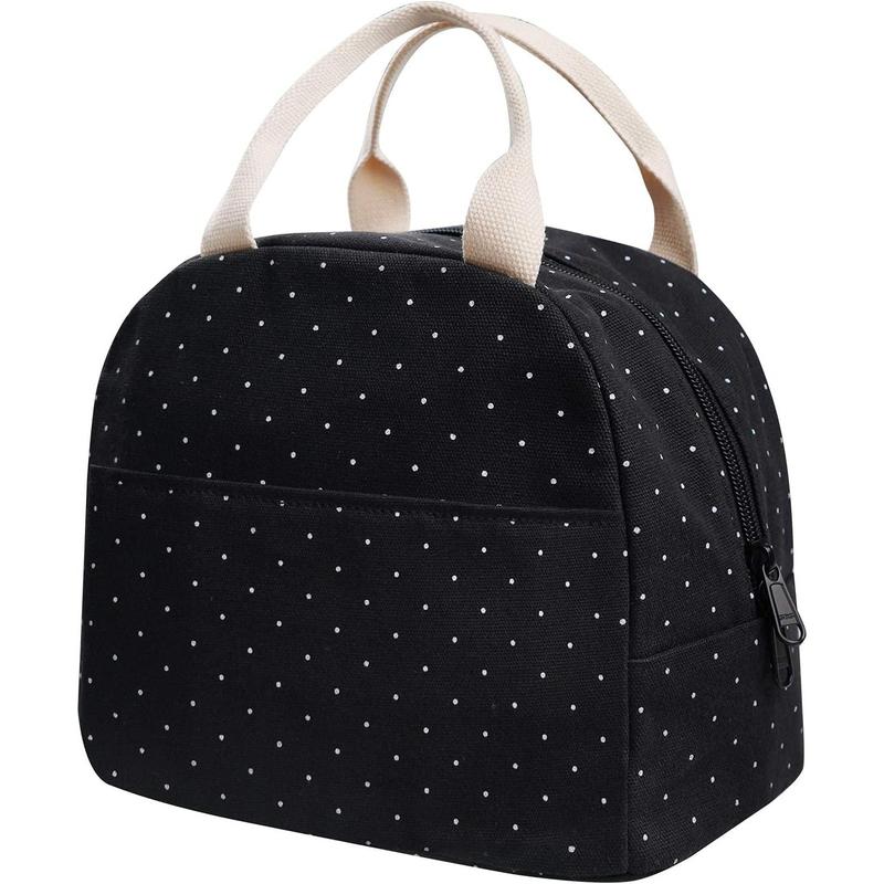 Upgraded Compact Black Lunch Bag for Teen Girls Women,Canvas Reusable Polka Dot Lunch Tote Box Bag for Work School