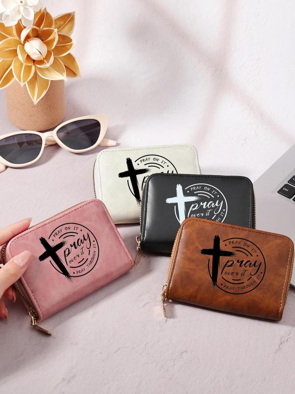 Women's Letter & Cross Print Pattern Short Wallet, Casual Versatile Zipper Around Clutch Purse, Lightweight Crocodile Embossed Card Holder