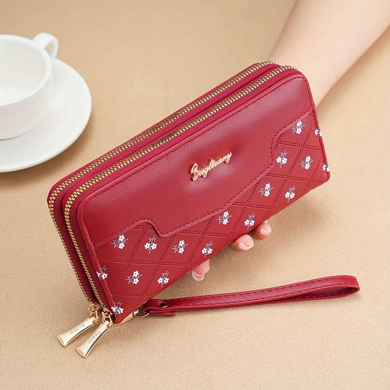 1pc, Embroidery Multi-Functional Women's Wallet with Wristband, Casual Style, Pu Material, Double Zipper, Thickened Design, Multi-One Card Slot, Mobile Phone Bag