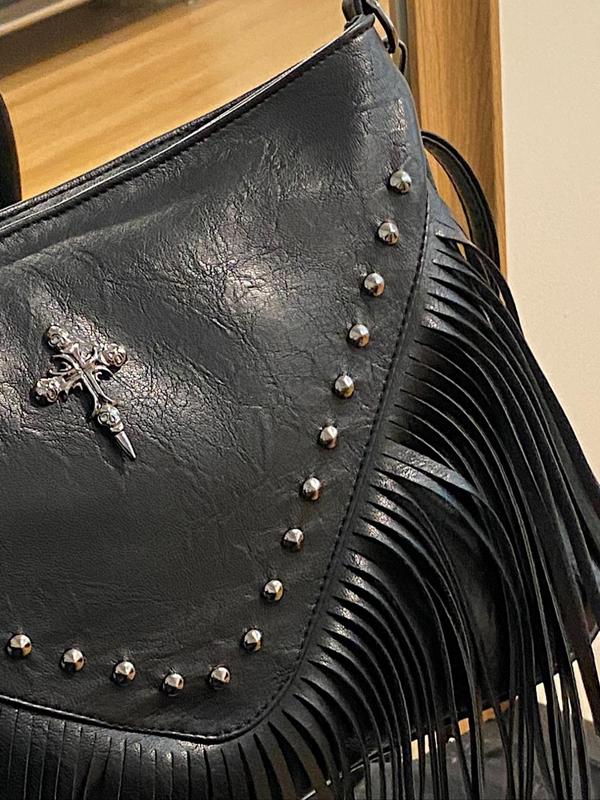 Women's Street Style Cross & Studded Design Crossbody Bag, Trendy Tassel Decor Large Capacity Shoulder Bag, Fashionable Crossbody Bag for Daily Use