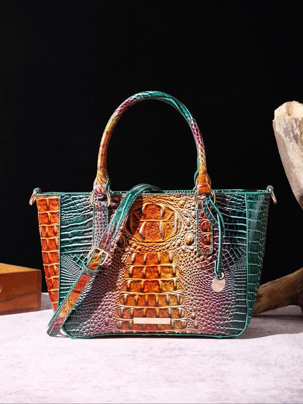 LGBT Pride Summer Fashionable Colorblock Crocodile Embossed Tote Bag As Gift, Vintage Shoulder Bag For Women, Large Capacity Zipper Handbag