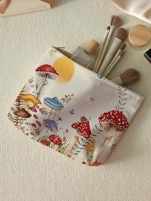 Cute Mushroom & Butterfly Pattern Makeup Bag, Multifunctional Large Capacity Cosmetic Storage Bag, Zipper Corduroy Makeup Bag for Travel & Daily Use, Fall Outfits, Fall Freshness